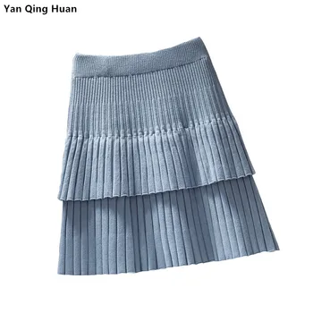 Yan Qing Huan 2020 Nove Jesensko Krilo korejskih Žensk Visoko Pasu Pleated Knit Tople Pletene A-line Krilo Rebro žensko Krilo