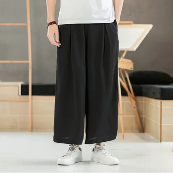 Široko nogami hlače moški 2020 nove modne hlače priložnostno Svoboden plima Bombaž in perilo hlače Kitajski slog ulične hlače