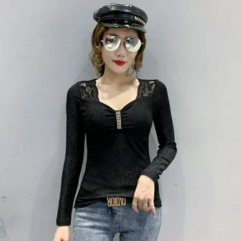 Ženske t-shirt Novo 2020 Jeseni seksi proti-vrat očesa majica Elegantno vitek čipke mozaik ženske vrhovi in majico mujer camisetas