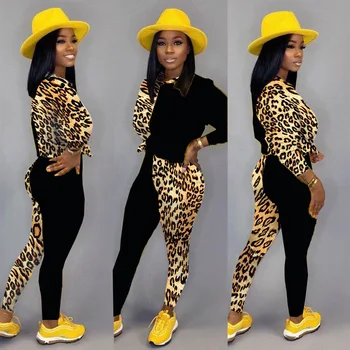 2019 Nove ženske 2 kos obleke Wantmove seksi leopard trdna šivanje dolg rokav crop tops slim hlače na prostem sportwear WM1080