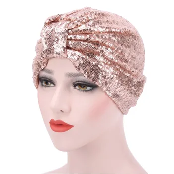 2020 Nove Ženske Bleščice Sequins Turban Klobuk Muslimanskih Modni Pokrivala Afriške Headwraps Ženske Headscarf Bonnet Islamske Hidžab Kape