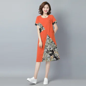 2020 poletje novi retro bombaž in lan svoboden natisnjena kratka sleeved obleka ženske velikosti M-4XL visoka kakovost, elegantna vestidos