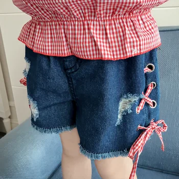 Alice otroci dekliška oblačila Vezeni cvetlični kariran zanko vrh+vezna Razrezane traper hlače 2 Kos kompleti za 3-7 Let otroci