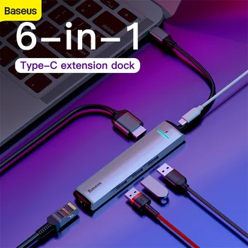 Baseus 6-v-1 Port HUB Razširitveno Postajo Tipa C, da PD HDMI USB3.0 RJ45 Adapter za Ločevanje Tip C Središče za Računalnik za Telefon