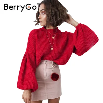 BerryGo Eleganten pleten rdeč pulover ženske Letnik dolgo luč rokav skakalec puloverju Jeseni, pozimi ohlapen pulover potegnite femme