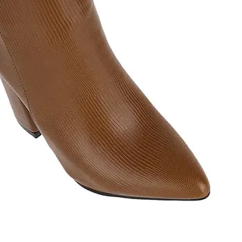 Blagovno Znamko Design Ženske Kolena Visoki Škornji Moda Konicami Prstov Debele Pete Žensk Zahodnega Čevlji 2020 Nove Zimske Škornje Plus Velikost 43