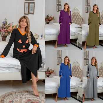 Bombaž Sleepwear Halloween Nasmejan Obraz z Dolgimi Rokavi Nigth Rabo V Ovratnik Priložnostne Nightgown Pijamas Ženske