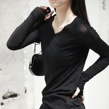 CHICEVER korejski Priložnostne T-shirt Za Ženske V Vratu Dolgi Rokavi Velikosti Ohlapno Črno Ženske Majice 2020 Jeseni Mode Novih Oblačil