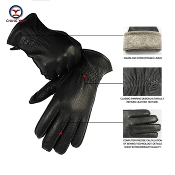 CHING YUN 2019 nove zimske ročno sešijejo za moške deerskin rokavice buckskin moške tople in mehke moške črne rokavice 70% volna, podloga