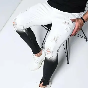 Cofekate Moda za Moške Suh Stretch Raztrgala Moški Kavbojke Slim Fit Traper Hlače Gradient Belo Črne Skinny Jeans Moške#5