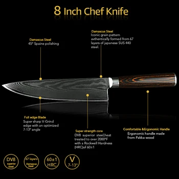 Damask Nož Kuhar Nož 8 inch DV8 67 Plast Japonski Kuhinjski Nož Damask iz Nerjavečega Jekla, Noži Ultra Sharp Micarta Ročaj