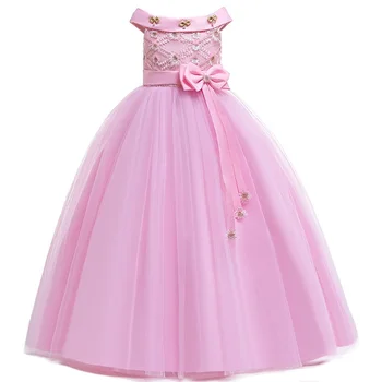 Dekleta Stranka Dolgo Obleko Elegantno Princesa Off Ramenski Vezenje Barva Obleke za Dekleta Cvet Dekleta Krst Poročno Obleko
