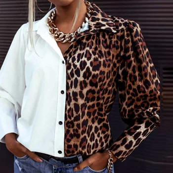 Elegantno Zavoj Navzdol Ovratnik Urad Dama Majica Novo Pomlad Jesen Mozaik Leopard Bluzo Priložnostne Gumb Dolgimi Rokavi Ženske Vrhovi Blusa