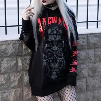 Gothic Punk Ženske Hoodie Lobanja, Tiskanje Hooded Vrhovi Halloween Black Sweatshirts Ulične 2021 Pomlad Jesen Priložnostne Hoodies Nova