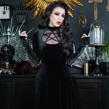 Hawthaw Ženske Retro Dolg Rokav Jeseni Black Gothic Punk Žamet Iz Votlih Dolgo Bodycon Obleko 2020 Sodijo Oblačila Ulične