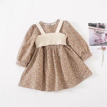 Jeseni Nov Prihod v korejskem slogu kompleti oblačil vzorec rože princesa obleko z pletene telovnik za cute sweet baby dekleta