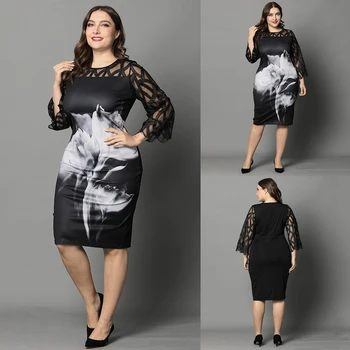 L-6XL Ženske Plus Velikost Obleko Elegantno Ženske Črna Prosojna Čipke Rokav Obleka 2020 Elegantna Priložnostne Tiskanih Čipke Večer Stranka Obleke D30