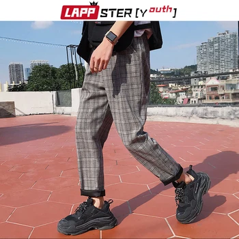 LAPPSTER-Mladinske Ulične Black Kariran Hlače Moški Joggers 2020 Mens Naravnost Harem Hlače Moški korejski Hip Hop Hlače Plus Velikost