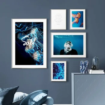 Meduze Koralni Potapljanje, Podvodni Svet Nordijska Plakatov In Fotografij Wall Art Platno Slikarstvo Stenske Slike Za Dnevna Soba Dekor