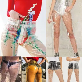 Moda Pvc Plastike Nepremočljiva Hlače Pregleden Trdnih Visoko Pas Širok Noge Hlače Ohlapne Hlače