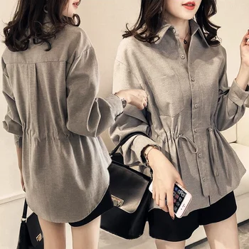 Moda Za Ženske Bluze 2020 Korejskem Slogu Gumb Gor Prevelik Elegantno Srajco Z Dolgimi Rokavi Peplum Bluzo Plus Velikost Ženske Oblačila Vrh