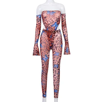 Moda Za Ženske Leopard Natisnjeni Seksi Off-Ramo Brez Naramnic Dolge Rokave Playsuit Stranka Jumpsuits Clubwear Slim Romper