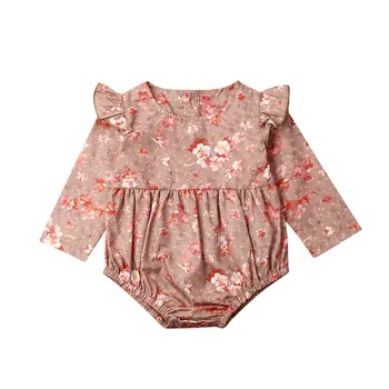 Newborn Baby Dekleta brezplačna dostava Obleke Cvet tiskanja Ruffle Gumb jeseni Jumpsuit krog vratu dolg rokav Obleka, enega kosov