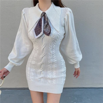 Nova Moda Elegantne Ženske Twist Pleteni Pulover Luč Rokav Bodycon Mini Obleka 2020 Jeseni, Pozimi Lady Korejski Haljo Vestidos