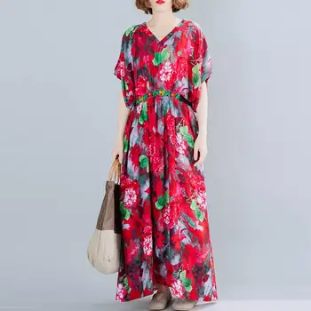 Plus Velikost Cvet Boho Poletni Cvetlični Maxi Obleka Ženske 4XL 5XL 6XL 7XL 8XL Ženske Obleke Haljo Femme Tiskanja Bombaž Priložnostne Obleko