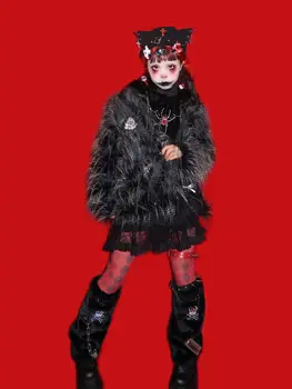Pozimi Specializiranimi Za Umetno Krzno, Jakna Ženske Plišastih Rese Plašč Moda Punk Gothic Priložnostne Black Lobanje Jopiči Outwear Oversize Coats