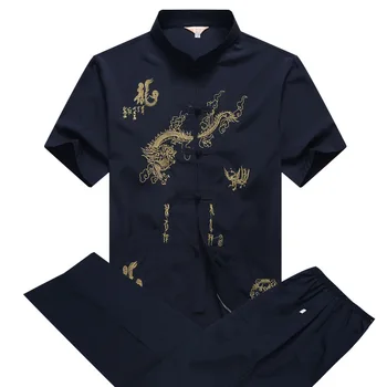 Priložnostne Mandarin Ovratnik Shirt Kratek Rokav&Hlače Za Moške Orientalski Moški Zmaj Tang Bo Ustrezala Tradicionalni Kitajski Kung Fu Oblačila