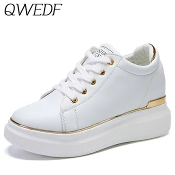 QWEDF 2019 Ženske superge Platformo Klin priložnostne čevlji Dame Usnje Zlato Srebro Čevlji Ženski Krasovki Tenis Feminino B1-28