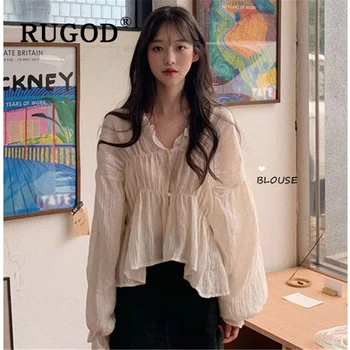 RUGOD korejski dolgimi rokavi ženske Elegantno bluzo sladko flare rokav V vratu urad ženske srajce Moda poletje auturm naguban vrhovi