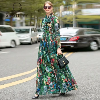 SEQINYY Elegantna Dolga Obleka 2020 Poletje Pomlad Novo Modno Oblikovanje Ženske Dolg Rokav Cvetje Tiskanim Zelenim High Street Obleko