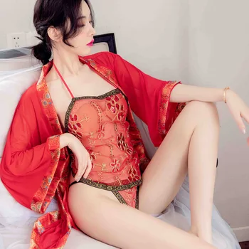 Skušnjava Tang Suknjič Z Predpasnik Klasične Rdeče Vidika Predpasnik Seksi Vezenje Kostum Set