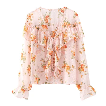 TEELYNN Letnik šifon ruffle v vratu ženske bluzo majica dolg rokav roza cvetlični tisk jeseni lady bluze vrhovi priložnostne blusas
