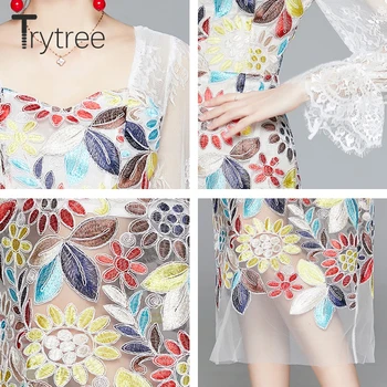 Trytree 2021 Pomlad Poletje Ženske noše Priložnostne Čipke Metulj Rokav Očesa Mozaik Vezenje Cvetlični Elegantno High Street Obleko