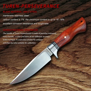 TUREN-Handwork Lovski Nož Jekla 440C Fiksno Rezilo, Nož z Usnjenim Tulec Leseni Ročaj na Prostem Preživetje Kampiranje Orodja