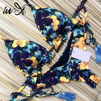 V-X tassel kopalke s cvetjem Seksi push up bikini 2020 mujer povodcem kopalke ženske, Plavanje obleko za ženske kopalke bather
