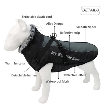 Velik Pes Suknjič Krzno Ovratnik Zimske Pse Oblačila Za Hišne Nepremočljiva Big Dog Plašč Z Odstranljivo Pas Francoski Buldog Pug Obleko