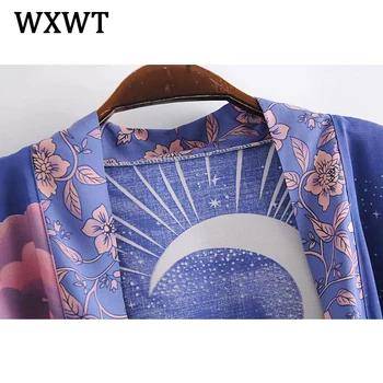 WXWT Ženske Bombaž Položaja Vode Tiskanja S Pasom Kimono Plašč 2021 Modni Ženski Priložnostne Svoboden Outwear Elegantna Vrhovi LP8571