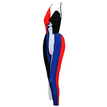 Ženske Poletne Backless Jumpsuit 2019 Ženske Clubwear Poletje Kontrast Barve Playsuit Bodycon Stranka Povodcem Jumpsuit Romper Hlače