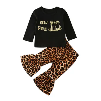 0-3Y Novorojenega Dojenčka Otroci Baby Dekleta Jeseni Pismo Dolg Rokav Vrhovi T-shirt Leopard Ruffle Hlače Dekle Obleke Obleke 2Pcs Set