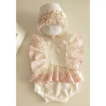 1Set Novorojenčka Fotografija Rekvizitov, ki bo Ustrezala Čipke Romper Klobuk Nastavite Pletene Obleke Oblačila