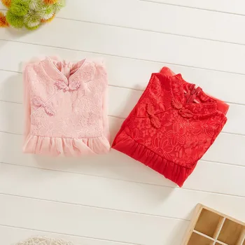 2019 Kitajski Slog Rdeče Otroci Obleke Za Dekleta Cvet Čipke Til Obleko Deklica Slovesnosti Stranka Obleko Otroci Jeseni Oblačila
