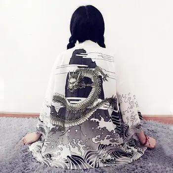 2019 Letnik Japonskih Žensk Jopico Summer Dragon Valovi Natisnjeni Šifon Za Zaščito Pred Soncem Japonski Kimono Majica Vrhnja Oblačila