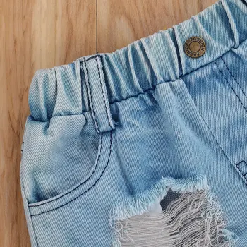 2020 Poletje Baby Dekleta Obleke Barva brez Rokavov Ruffle Robom Suspender Telovnik + Raztrgane Kratke Jeans Set 1-6T Otroci Oblačila