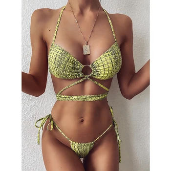 2020 Seksi Bandeau Mikro Bikini Kopalke Ženske Čipke-up Bikini Komplet Brazilski Kopalke Kača tiskanja Biquini Plavanje kopalke