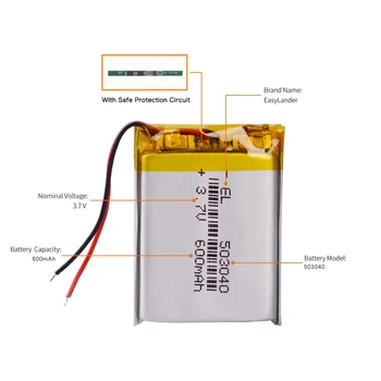 3,7 V litij-polimer baterija 503040 053040 Polnilne Li-Po Baterij, mp3 predvajalnik DVR GPS Bluetooth DIY avdio / Igrače 600MAH