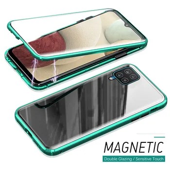 360° Polno kritje magnetni flip primeru Za Samsung Galaxy A12 12A 12 dvojno stranicami, Kaljeno steklo pokrova anti-pade zaščitni coque